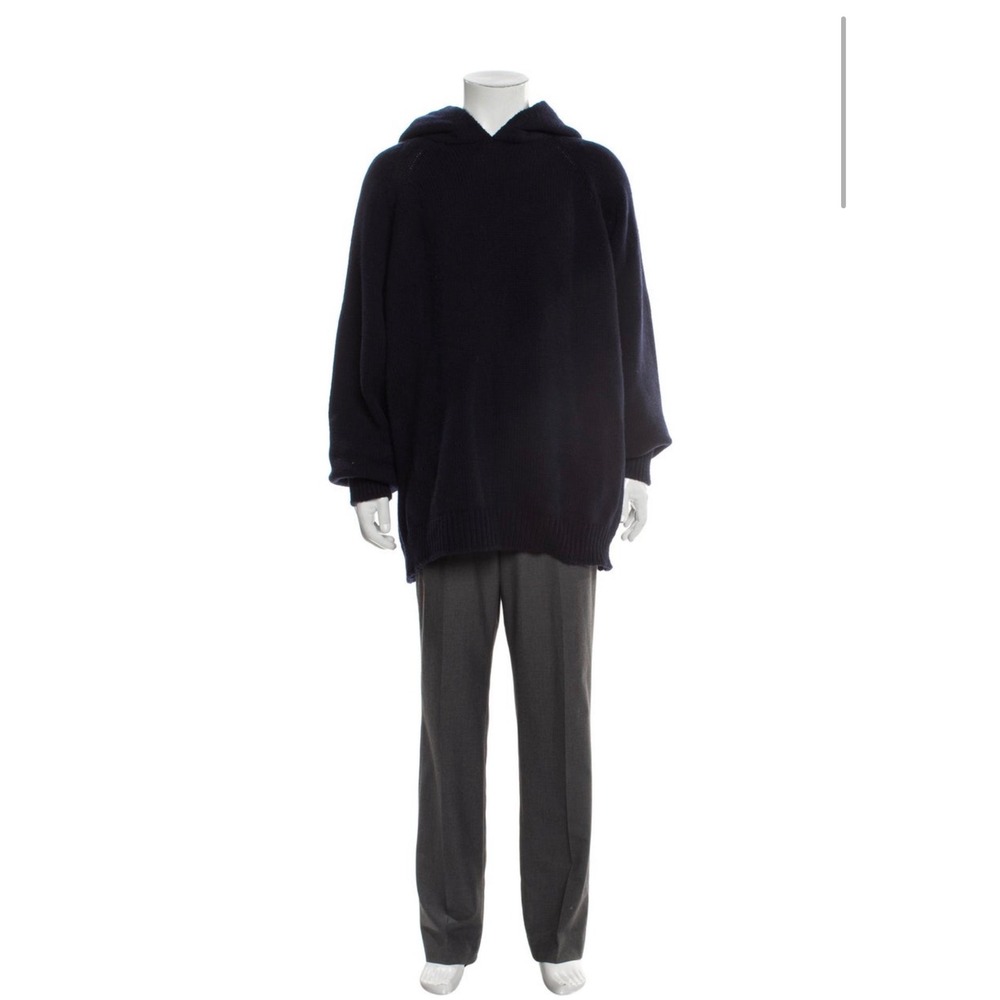 Nanushka Mens Oversized Merino Wool Cashmere Ribbed Knit Hoodie Navy Blue L